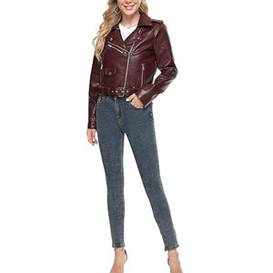 Women's Burgundy PU Leather Moto Jacket <b>Zipper</b> Closure Turn-down Collar Regular Fit Autumn Style - Product Image 5