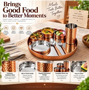 Juego de Platos de Acero Reutilizables con Acabado en Cobre, con Tazones Indios Thali Katori, Vaso para Beber y Cuchara para Servir Comidas en Casa - Product Image 5