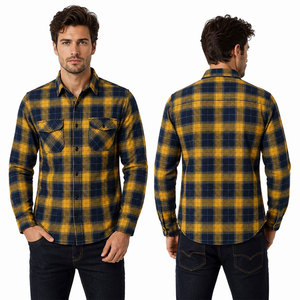 Men's Full Sleeve Plaid Shirt Yellow <b>Navy</b> Checkered Cotton Long Sleeve Button Down Casual Shirt For Adults Autumn - Product Image 4