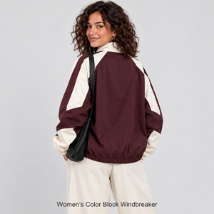 <b>Womens</b> <b>Burgundy</b> Cream Panel Windbreaker Jacket Stand Collar Zip Front Elastic Hem New design for Boutique Outerwear Orders - Product Image 3
