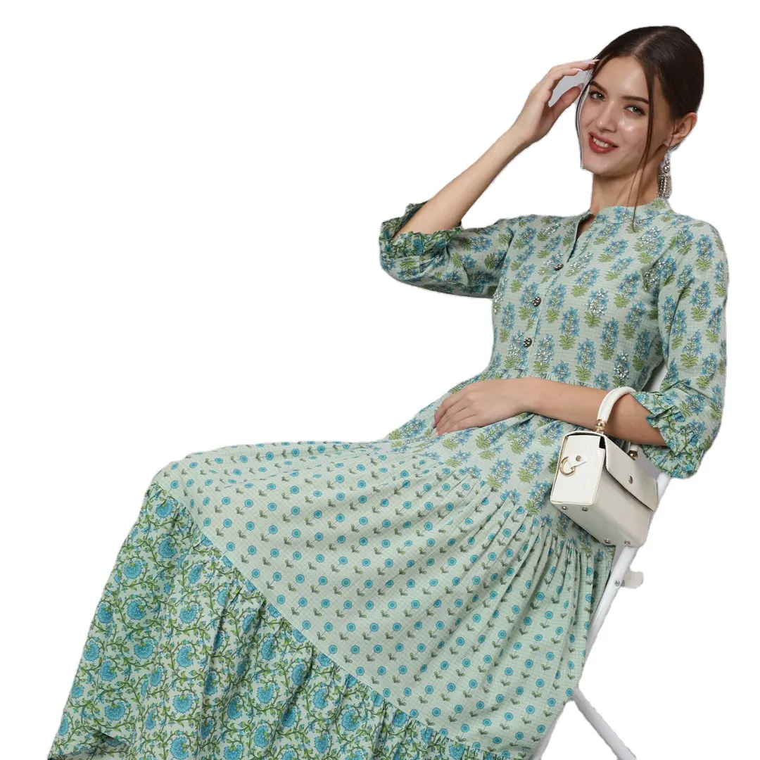 2023 new arrivals Latest Trending Green Color Cotton Embellished Floral Block Printed Anarkali Dress With Three-Fourth Sleeves