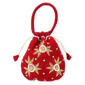 Bolsa Potli Pakistaní Roja Bordada, Bolsa de Terciopelo con Cordón, Adorno de Perlas, Porta Joyas para Mujer - Product Image 1