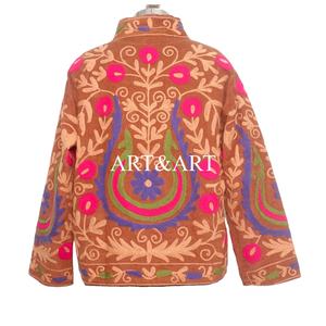 Indian Embroidered Cotrise Quilted <b>Jacket</b> for Women Summer Boho Style Full Sleeves <b>Mandarin</b> <b>Collar</b> Breathable Eco-Friendly - Product Image 6