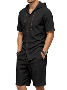Men Solid Black Hooded Button-Up Shirt Set Short Sleeve Knitted Breathable Polyester/Cotton Quick Dry Casual Summer Outfit - Product Image 4