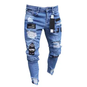 Mens Stacked Jeans Ripped Skinny Hole Distressed Patched Fashion Denim Pants in Bulk