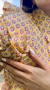 Women Yellow Block Print Cotton <b>Boho</b> Blouse with Layered Ruffle Sleeves Soft Breathable Summer Top - Product Image 3