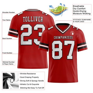 Custom Red American Football Jersey Men V-Neck Short Sleeve Sublimated Print Breathable Polyester Team Name Any Name 00 - Product Image 2