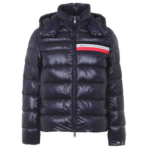 High Quality Men's Navy Blue Hooded Down <b>Jacket</b> Custom Made Skinny Puffer <b>Jackets</b> Zip Closure Front Stripe Casual Padded Coat - Product Image 1