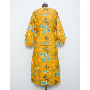 เดรสลำลองทรงตรงไซส์พลัสสำหรับผู้หญิง ลายพิมพ์บล็อกด้วยมือ แขนพอง คอวี เอวธรรมชาติ ความยาวระดับข้อเท้า - Product Image 6