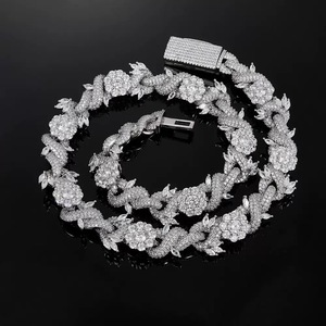 <b>Mens</b> Moissanite Floral Necklace 925 <b>Silver</b> Iced Out Flower Link <b>Chain</b> Lightweight Hip Hop Premium Luxury Statement Jewelry - Product Image 3