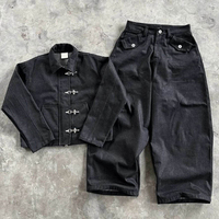 Set Jaket dan Celana Hoodie Dua Potong Bahan Nylon Reversible Ukuran Besar Gaya Hip Hop Custom, Denim Selvedge Jepang Motif Leopard untuk Musim Panas