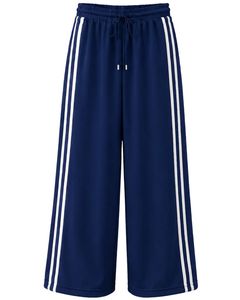 Manufacturer <b>Navy</b> <b>Blue</b> <b>Wide</b> <b>Leg</b> Track Pants With White Triple Side Stripes Women Casual Loose Fit Drawstring Streetwear <b>Trousers</b> - Product Image 1