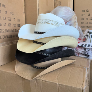 Beige Straw Cowboy <b>Hat</b> With Black <b>Band</b> Wide Brim Unisex Outdoor Spring Summer Casual Adult Fit 58-60CM - Product Image 5