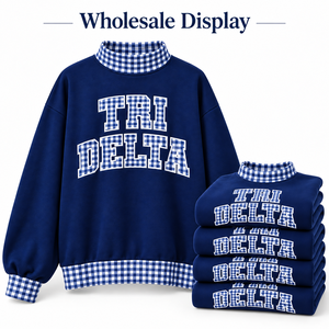 Sudadera Oversize Azul Marino Personalizada para Mujer con Cuello Alto, Apliques de Guingán y Bordado, Estilo Sorority, Venta al por Mayor, Marca Privada, OEM - Product Image 4