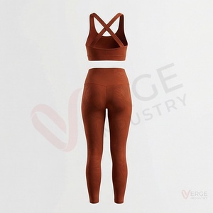 <b>Women</b> Rust <b>Brown</b> Yoga 2 Piece Set Crisscross Strap Scoop Neck Bra High Waist Full Length <b>Leggings</b> - Product Image 2