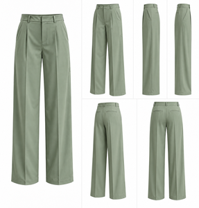 OZVITA Womens Sage Green 100% Cotton Tailored Wide Leg Pants with <b>Elastic</b> <b>Waist</b> <b>Belt</b> Loops Minimal Design for Office/Casual Wear - Product Image 5