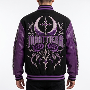 <b>Men</b> Black Purple Leather Sleeve <b>Jacket</b> Custom Rose Embroidery <b>Gothic</b> Floral Streetwear Snap Button Bomber - Product Image 1