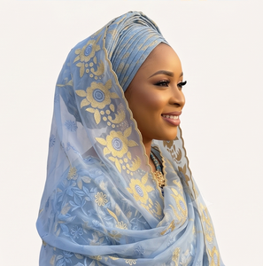 Hijab en Chiffon Brodé Floral pour Femme, Bleu Clair, Foulard Africain Modeste pour Usage Quotidien, Respirant avec Strass - Product Image 2