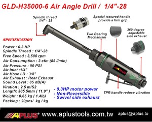 APLUS GLD-H35000-6 Air angle drill 0.3HP 3500 rpm length 305.5mm 0.65kg spindle <b>thread</b> 1/4"-28 or 9/32 x 40 AIRCRAFT <b>TOOL</b> - Product Image 2