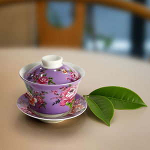 Gaiwan de haute qualité en céramique de style rétro avec impression par transfert d'eau de fleurs violettes pour la préparation du thé Gongfu - Shin Tai Yuan - Product Image 3