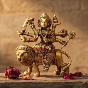 Figurine de Durga en laiton plaqué or de qualité supérieure, montée sur un lion, art religieux, objet de collection, sculpture 3D - Product Image 4