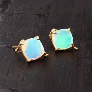 Natural ethiopian opal cushion shape studs handmade prong setting gemstone <b>earrings</b> gold plated push <b>back</b> daily wear ear jewelry - Product Image 4