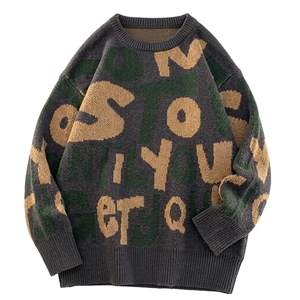 Suéter de punto para hombre al por mayor, 100% algodón, antipilling, cuello redondo, ajuste holgado, manga larga, con estampado de letras, estilo americano. - Product Image 1