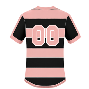Maillot de rugby rose clair et noir à manches courtes, col rond, rayé, pour l'entraînement et les matchs sportifs - Product Image 2