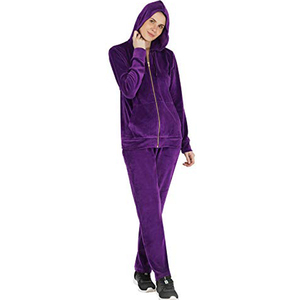 Women Purple <b>Velour</b> Tracksuit Hooded Full Zip <b>Sweatshirt</b> With Side Pockets Casual Autumn Wear - Product Image 2