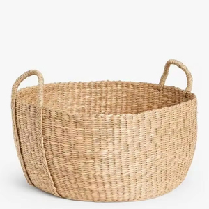 Cesto de ropa redondo con asa, tejido con hierba marina, para guardar ropa sucia y artículos de hotel. - Product Image 1