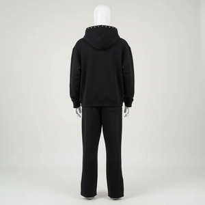 Conjunto de chándal de alta calidad personalizado, estilo streetwear, con lavado ácido, color liso, triple cremallera, sin estampado, con remaches, estilo hip hop, compuesto por sudadera con capucha y pantalones de chándal acampanados - Product Image 4