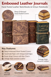 Embossed Leather Journals with Hand Tooled Covers, Vintage <b>Wrap</b> Closure & Gold-Edge Handmade <b>Paper</b> Pages - Product Image 6