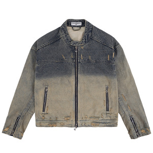 Streetwear Custom Retro Gradient Fade <b>Covered</b> <b>Button</b> Breathable Eco-Friendly Patchwork Linen Cotton Denim Oversized Color Jacket - Product Image 4