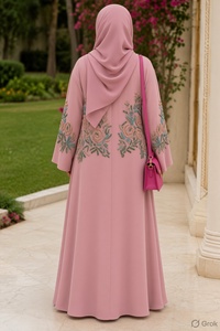 <b>Pink</b> <b>Abaya</b> With Hijab Beaded Embroidered Muslim Dress Long Sleeve Formal Wear - Product Image 3
