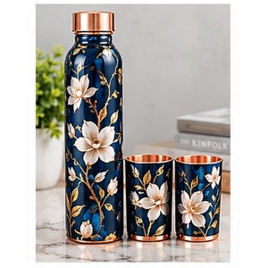 Ensemble de bouteilles d'eau en cuivre doré de luxe avec motif floral, motif noir et rouge, vaisselle portable pour la maison - Product Image 3