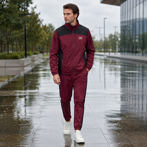 Unisex Maroon Solid Hooded Waterproof Windproof Sporty Full <b>Zip</b> Jacket with Side Pockets and Elastic Waist Joggers - Product Image 5