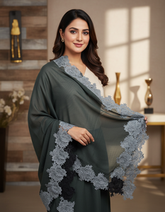 Women's Lightweight Breathable Merino <b>Wool</b> Silk Blend Long Winter Fashion Shawl 4-Side Rose Lace Work-Designer Collection - Product Image 1
