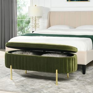Moderno Glam Verde Oliva Permanencia Terciopelo Banco de almacenamiento Chic Muebles de dormitorio - Product Image 1