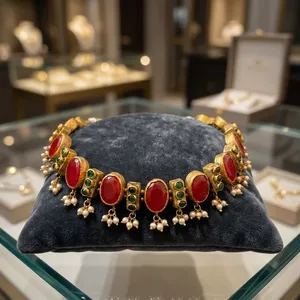 Gold Plated Classic Kundan Necklace Set Red Oval Stone Pearl <b>Drop</b> Brass Choker Jewelry for Wedding Festival Women Gifts - Product Image 1