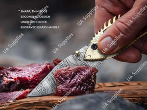 Cuchillo de Acero de Damasco Hecho a Mano con Hoja Drop Point, Bloqueo Liner Lock, Mango de Hueso de Camello y Latón, Profesional, EDC, de Bolsillo, Utilitario, Multiusos, de Alta Calidad - Product Image 2