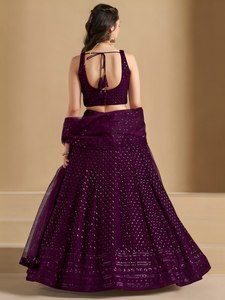 Purple <b>Sequin</b> Embroidered Floral Print Georgette Bridesmaid Floor-Length A-Line Lehenga Choli V Neck Two Piece Wedding Outfit - Product Image 3