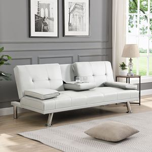 Two-Holder Armrest <b>Sofa</b> Bed with <b>Wood</b> <b>Frame</b> and Stainless Leg FUTON White PVC Material - Product Image 1