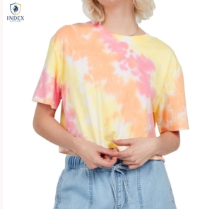 Women's Tie Dye Crop <b>Top</b> O-Neck Short Sleeve Knitted Breathable Casual Spring Summer Wear - Product Image 6