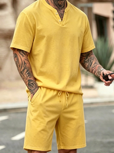 Men's Yellow Cotton Lounge Set V-Neck T-Shirt Shorts Casual Summer Knitted Solid Color Soft Comfortable Two-Piece Outfit - Product Image 2