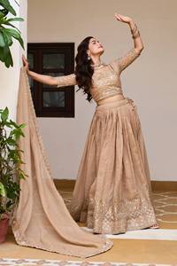Beige Embroidered Lehenga Set Floral Lace Blouse Pleated Skirt <b>Net</b> <b>Dupatta</b> Indian Wedding Outfit - Product Image 3