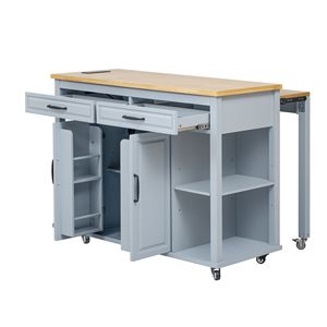 Mesa de Cocina Extensible de 47 Pulgadas con Tomacorriente y Estante de Almacenamiento Interno, Carro de Cocina con Chapa de Madera de Caucho - Product Image 1