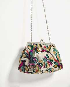 Bohemian Embroidered <b>Clutch</b> Bag With Tassel Detail <b>Silver</b> Chain Strap Multicolor Floral Pattern - Product Image 1