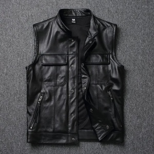 Chaleco de Cuero Negro para Hombre, Estilo Motero, Chaqueta sin Mangas con Cuello Alto, Cierre de Cremallera y Bolsillos - Product Image 2