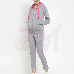 Women Gray Hooded <b>Tracksuit</b> With Pink Trim Full Zip Casual Sweatshirt And Pants Set Breathable Cotton Autumn Wear - Product Image 2