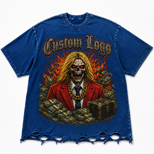 T-shirt Homme Bleu Oversize avec Motif Crâne et Argent, 100% Coton, Impression DTG, Style Streetwear Vieilli, Grammage Lourd, Gothique, Décontracté, Coupe Boxy - Product Image 1
